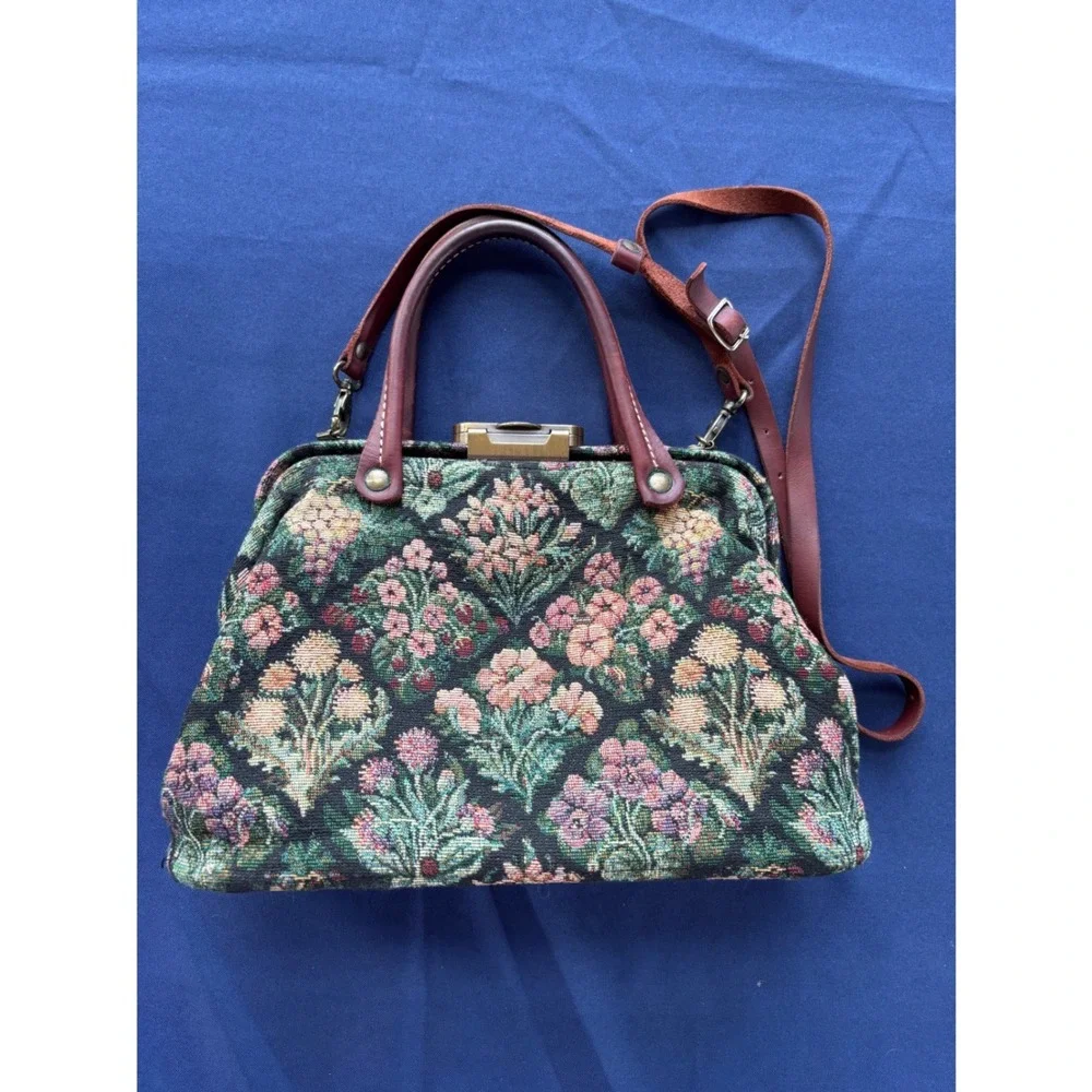 The Carpetbagger Floral Tapestry Doctor Bag Leather Handle Crossbody Handbag